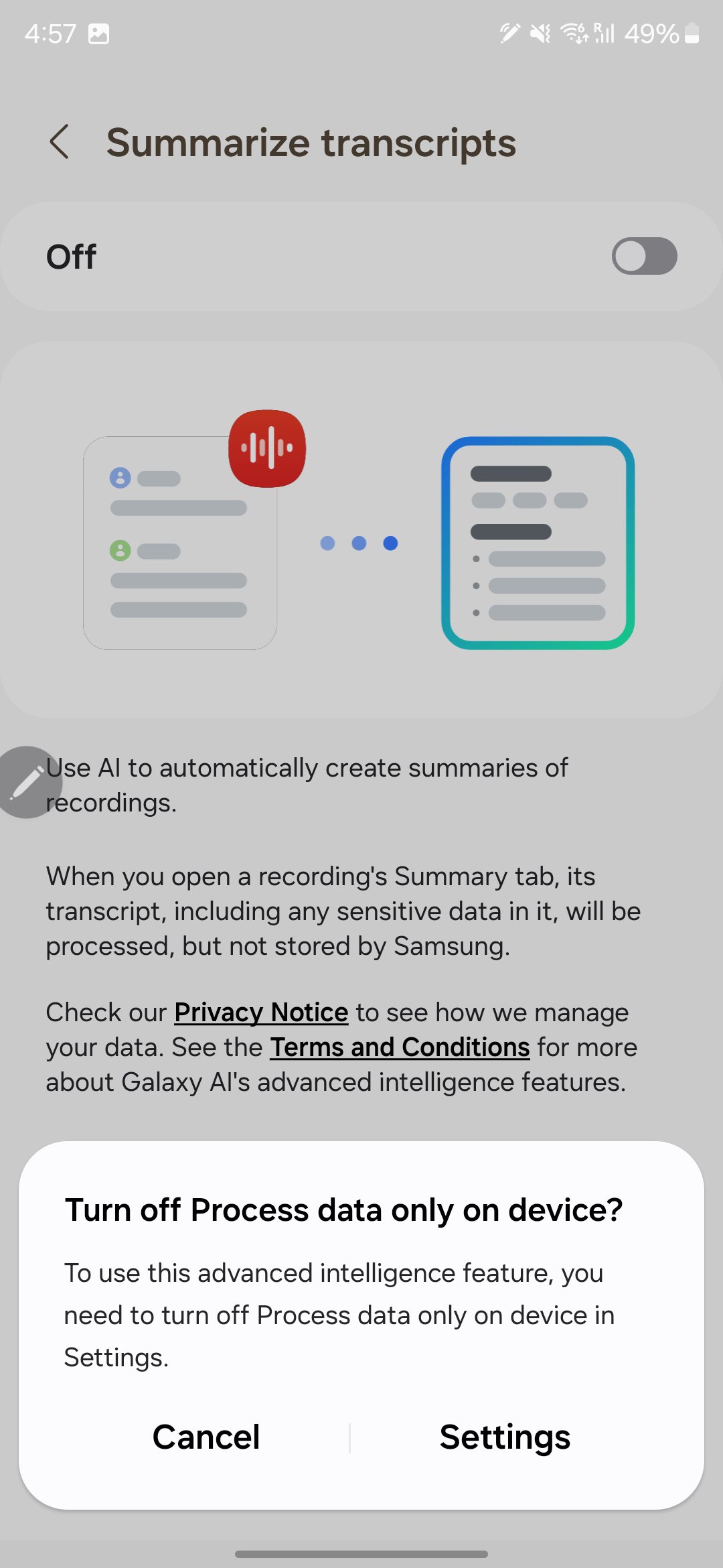 L'enregistreur vocal Samsung résume la désactivation des données de processus uniquement sur l'appareil